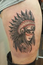 Woman with headdress #tattoo #tattoos #tattooist #tattooartist #womenwithtattoos #womenwithink #tattooedwomen #tattooedgirls #inked #inkedwomen #nativeamericantattoo #tattoooftheday 