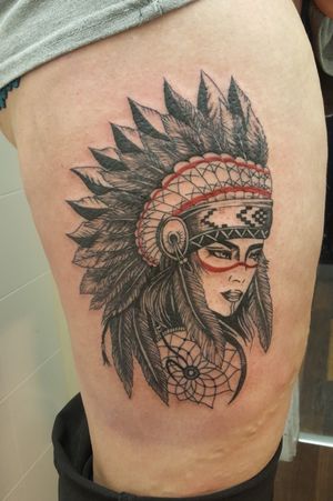 Woman with headdress#tattoo #tattoos #tattooist #tattooartist #womenwithtattoos #womenwithink #tattooedwomen #tattooedgirls #inked #inkedwomen #nativeamericantattoo #tattoooftheday 