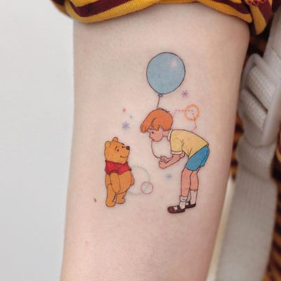 Tattoo by Saegeem #Saegeem #winniethepoohtattoos #winniethepooh #childrensbooks #cartoon #animated #disney #disneytattoo #color #christopherrobin #balloon #shapes #sparkle #cute #illustrative