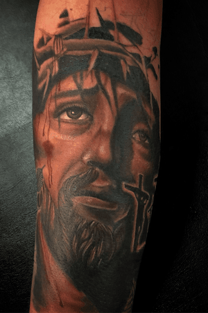 Beautiful Jesus design as part of a whole sleeve... 