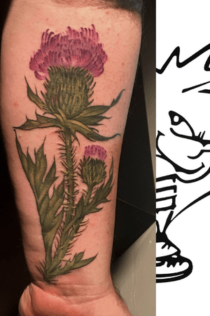 Thistle covering up calvin.                                    #flower #thistle #coverup #neotraditional #illustrative #plant #nature #color #tattooartist #tattooart #tattoo #milwaukee #wisconsin #chicago 