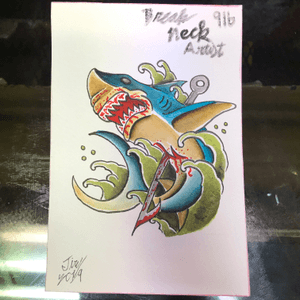 Super fun shark painting. Acrylic watercolor on arches. Design available to be tattooed. Painting available for purchase.