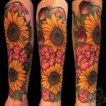 Flowers on the forearm.                                       #sunflower #flowers #flower #neotraditional #tulip #color #illustrative #forearm #milwaukee #Wisconsin #chicago #tattooartist #nature #tattooart #tattoo
