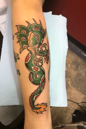 Fun Spaulding and Rogers dragon design i got to tattoo the other day! Would love to do more old school flash design! I have a ton that are ready to rock when youre ready to roll!