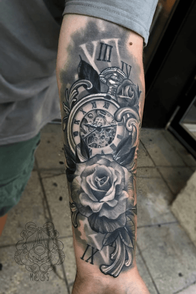 Roses and a pocket watch. #roses #rose #blackandgrey #realism #forearm #illustrative #filagree #tattooartist #milwaukee #chicago #Wisconsin #design #tattooart #tattoo