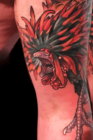 Upclose on the polish golden.                               #rooster #cock #chicken #bird #neotraditional #tattooartist #illustrative #color #milwaukee #chicago #wisconsin #halfsleeve #tattooart #tattoo