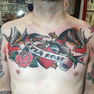Heart and Dagger Tattoo with roses and Swallows by Carl Hallowell for little Lyla Rose on Mr Brandon... #traditional #dagger and #rose #chestpiece #CarlHallowell 