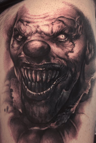 Freehand evil clown cover up. 6 hours. Bigctattoos@gmail.com or 6264560223 to book 