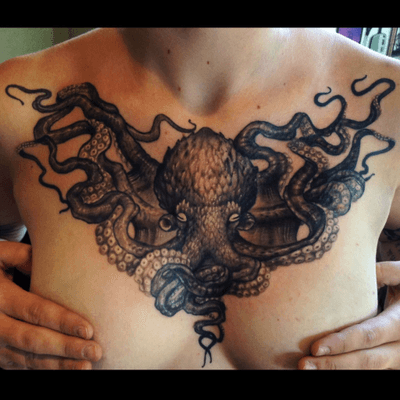 Octopus. #octopus #blackandgrey #nautical #sea #chesttattoo #tattooartist #semirealism #illustrative #milwaukee #wisconsin #chicago #tattooart #tattoo