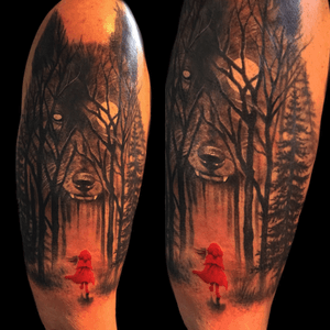 Big bad wolf. Thank you Carla. #redridinghood #fantasy #grim #dark #wolf #blackandgrey #tree #BigBadWolf #halfsleeve #milwaukee #Wisconsin #chicago #tattooartist #red #redandblack #Tattoodo #tattooart #tattoo #animal 