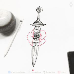 Only that fierce dagger and the sendual red rose. Follow on Instagram or Tumblr for more designs and weekly updates. www.rawaf.shop #dotwork #dagger #rose #flower #redrose #red #black