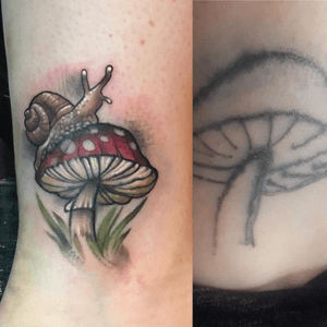 Snail cover up.                                                     #snail #mushroom #nature #color #neotraditional #illustrative #fixup #coverup #milwaukee #chicago #Wisconsin #plant #tattooartist #tattooart #tattoo