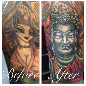 Cover up tattoo I did a while back. He was engaged to be marrued and his fiance didnt like boobs on his arm. 
