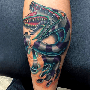 Sandworm from Beetlejuice tattoo done on the side of a calf. 