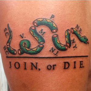 Join or Die snake done a few years ago on a shoulder. 