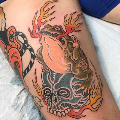 Tattoo by Marc Nava #MarcNava #frogtattoos #toadtattoos #frogs #toads #animals #amphibian #nature #skull #Japanese #neojapanese #fire #death #color