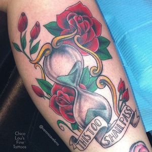 Rose's and hour glass by @Veronicahahntattoo 