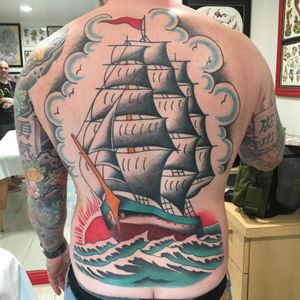American Traditional Clipper Ship backpiece, bigger is better... By Carl Hallowell for longtime customer Mr A... #traditional #american #clippership #fullback #CarlHallowell