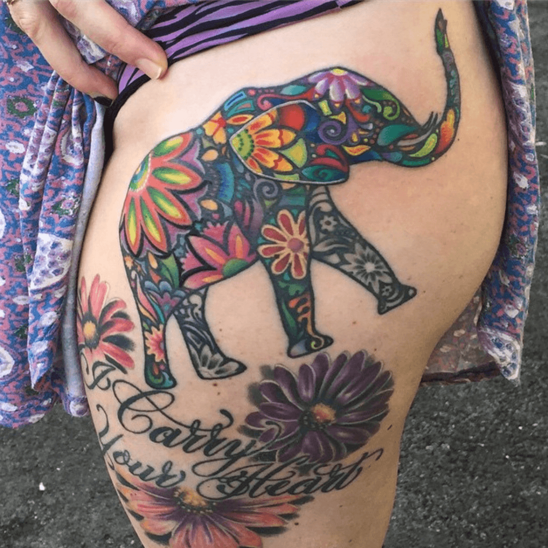Outline Elephant Head Tattoo Design On Thigh