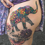 Mandala-ish elephant tattoo done on an upoer thigh. 