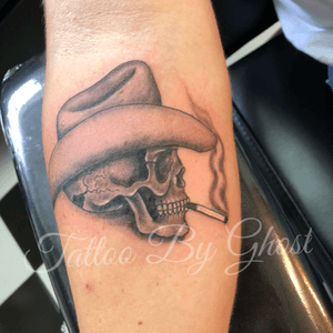 Cowboy skull! Just a little note for people. Customers come in and have artists draw up a custom design or bring in there own art work to have a one of a kind peace drawn up so when you save pictures of other peoples tattoos take in mind that tattoo means something to them