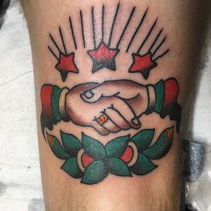 Classic Shaking Hands motif tattoo; Early American Tattoo by Carl Hallowell for Mr M...  #traditional #oldschool #BoldTattoos #CarlHallowell 