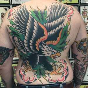 Screamin' Eagle Traditional Tattoo Backpiece by Carl Hallowell for Navy tattoo man Mr B... #traditionaleagle #eagle #traditional #CarlHallowell 
