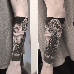 Trees, Birds, and black band around wrist done back in 2017. Fogging, moon, and blackout around elbow done 3 days ago! 