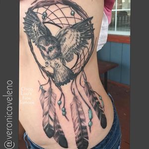 Black and gray (gray scale) owl and dream catcher by @veronicahahntattoo 