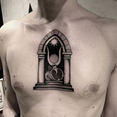 #totemica #tunguska #black #pomegranate #architecture #hathor #door #tattoo #originalsintattooshop #verona #italy #blacktattooart #tattoolifemagazine #tattoodo #blackworkers #blackwork