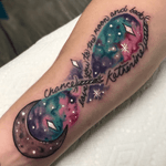 Cute Galaxy with stars and moon tying in infinity symbol #space #outerspace #cute #sparkly #galaxy #colorful #portland #PortlandOregon #pdxtattoo #vancouver #vancouverwa #flowers #dotwork #stippling #highlights #forearm #pdx #breadcrusts 