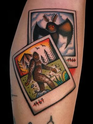 Tattoo by Alex Zampirri #AlexZampirri #AZamp #squaretattoos #square #shape #framed #frame #polaroid #photo #bigfoot #mothman #color #traditional #funny