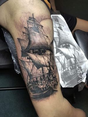 #shiptattoo #blackandgreytattoo #blackandgrey #realistictattoo 