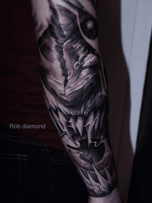 Tattoo done by Rob Diamond #blackandgrey #scarytattoo #face #evil #horrortattoo #monster 
