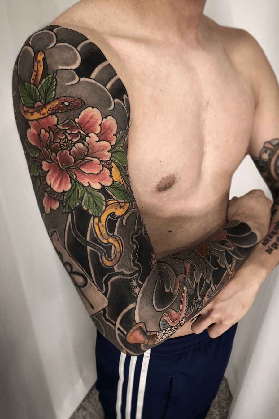 Tattoo uploaded by Burnt Ink  Lineart tattoo with snake and peony   Tattoodo