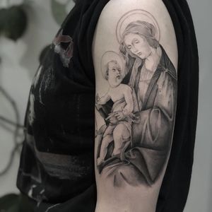Tattoo by The Hanged #TheHanged #awesometattoos #tattoodoapp #tattoodoappartists #blackandgrey #virginmary #religious #Jesus #babyjesus #portrait
