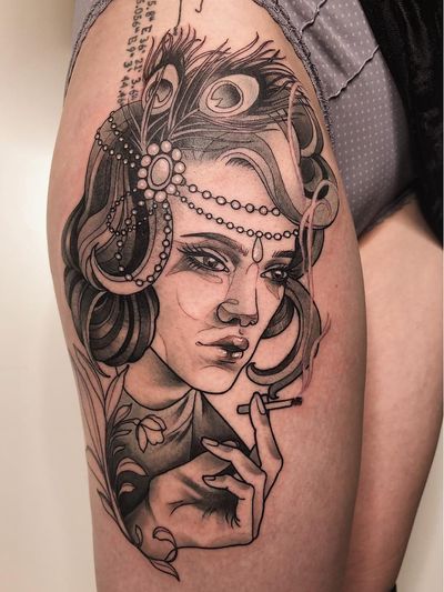 Tattoo by Jen Tonic #JenTonic #awesometattoos #tattoodoapp #tattoodoappartists #blackandgrey #portrait #ladyhead #1920s @flapper #cigarette #smoke #lady #jewelry #ornamental #feathers