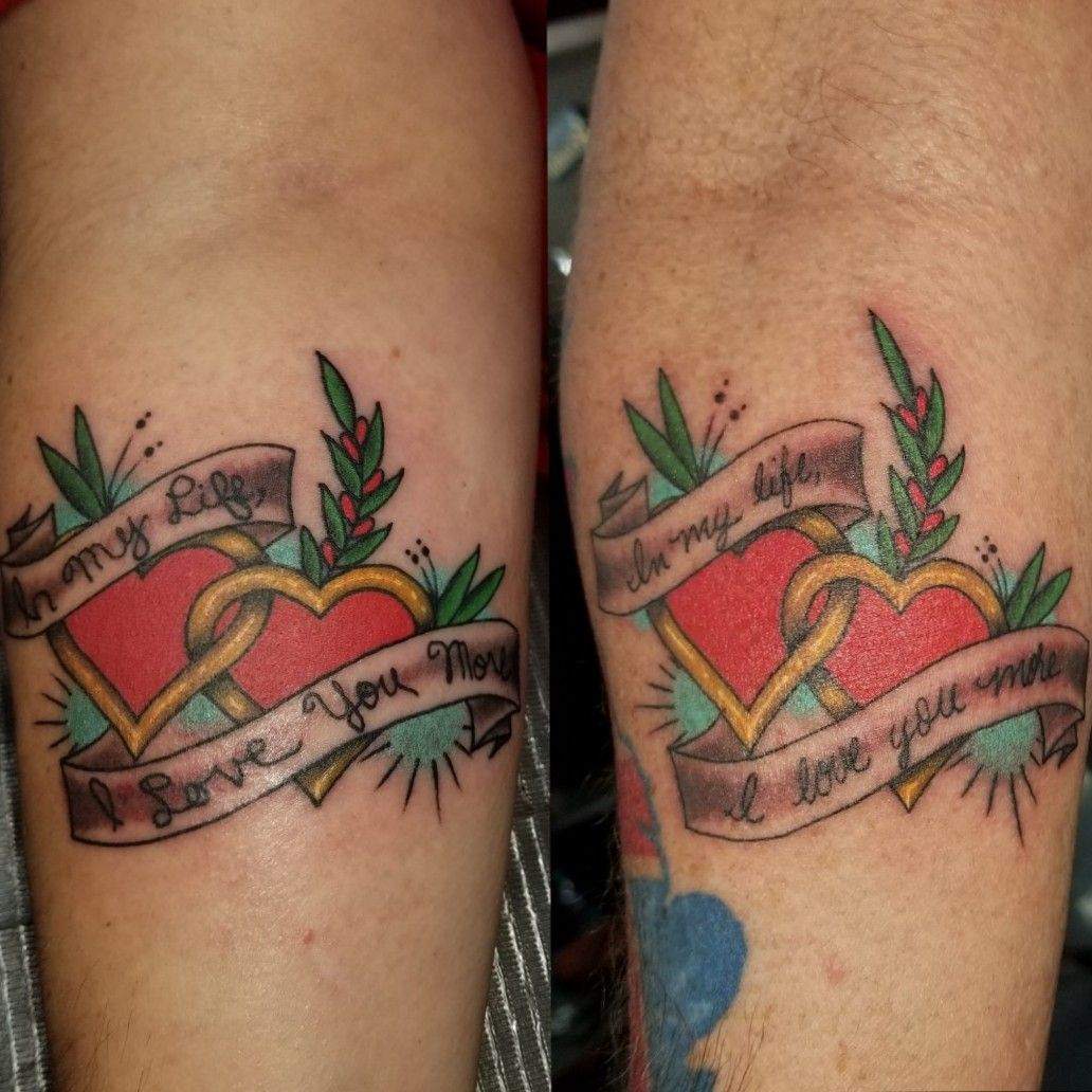 Tattoo uploaded by Thom Crowder • Matching tattoos, couples tattoos, Beatles  lyrics, my design, their handwriting, intertwined hearts • Tattoodo