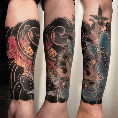 half sleeve #japanesekoi #koifish #lotustattoo #redkoi #bluekoi #mapleleaf #koreatattoo #ssabtattoo