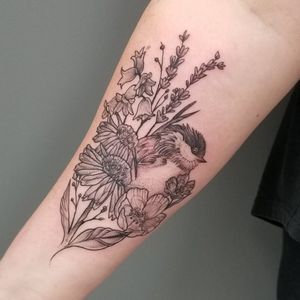 Fineline chickadee and wild flowers 