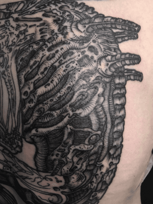 textures of an Alien backpiece we’ve finished in February, 2018. partly healed in the picture #texture #backpiece #backtattoo #alien #aliens #alientattoo #Xenomorph #Xenomorphtattoo #linework #mxatattoo #monsteralphabet