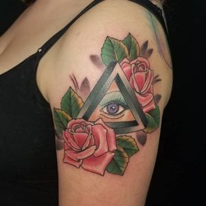 neo traditional all seeing eye, impossible triangle, roses