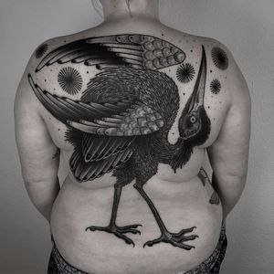 Tattoo by Laura Yahna #LauraYahna #awesometattoos #tattoodoapp #tattoodoappartists #illustrative #blackwork #linework #dotwork #bird #heron #crane #stars #backpiece #backtattoo