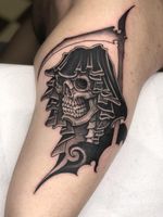 Tattoo by Gabriele Cardosi #GabrieleCardosi #awesometattoos #tattoodoapp #tattoodoappartists #blackandgrey #reaper #tribal #skull #skeleton #death #scythe #darkart