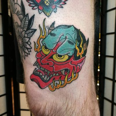 Hannya on side of thigh. #manchestertattoo #manchester #irezumi #hannya #nohtheatre #nohtheater #hannyamask 