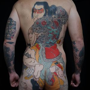 Tattoo by Ichi Hatano #IchiHatano #awesometattoos #tattoodoapp #tattoodoappartists #japanese #irezumi #samurai #backpiece #backtattoo #shishi #foodog #tattooedtattoo #portrait