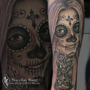 #tattoo #tattooartist #tattoed #portrait #portraittattoo #blackandgrey #realism #realistic #realistictattoo #chile #tatuajes #tatuajeschile #clocktattoo #catrina 