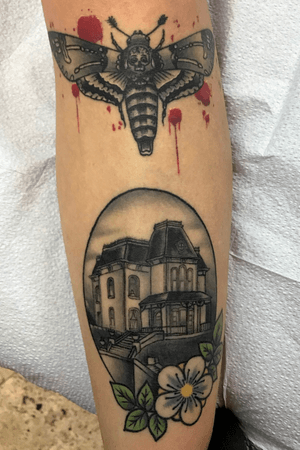 Healed black and grey psycho tattoo and silence of the lambs deaths head moth piece