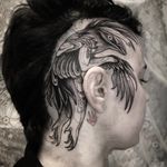 Tattoo by Nomi Chi #NomiChi #favoritetattoos #besttattoos #blackwork #illustrative #bird #mythicalcreature #scalptattoo