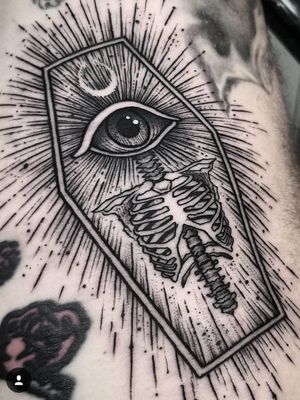 Tattoo by Thomas E #ThomasE #favoritetattoos #besttattoos #linework #dotwork #illustrative #eye #bones #skeleton #coffin #moon